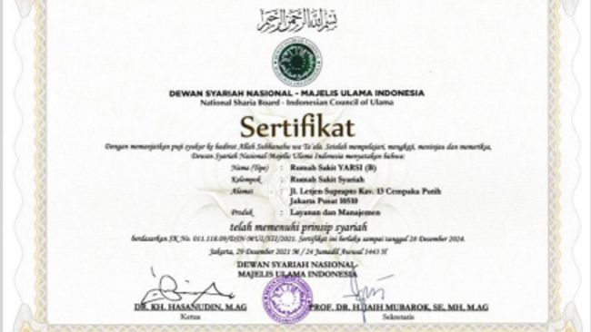 Dengan sertifikat dari MUI itu, RS Yarsi menjadi rumah sakit pertama di DKI Jakarta yang memperoleh sertifikasi Rumah Sakit Syariah.