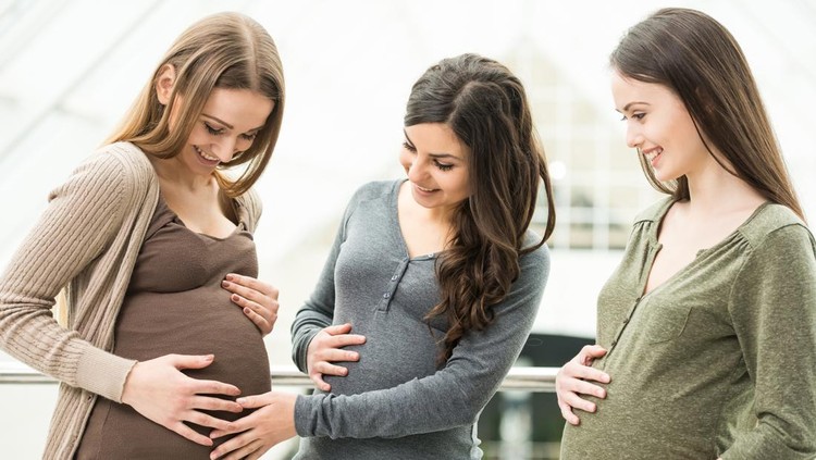 Maternity concept. Portrait of three happy pregnant women.Maternity concept. Portrait of three happy pregnant women.Baby shower. Two cheerful women are touching their pregnant friend belly.
