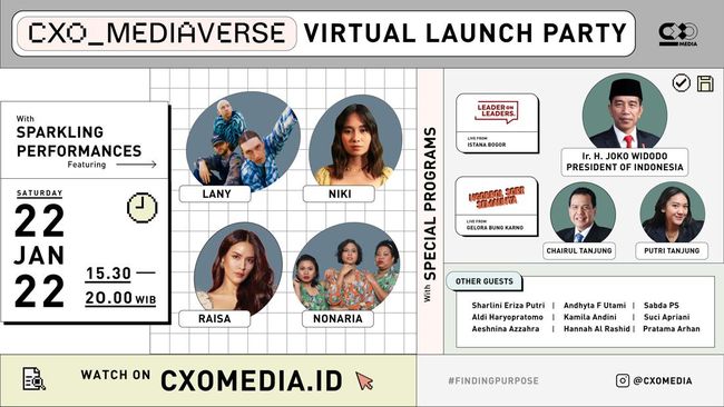 CXO Media akan menggelar CXO Mediaverse virtual launch party pada Sabtu (22/1) dengan menghadirkan talkshow berkualitas hingga pertunjukkan musik mancanegara.