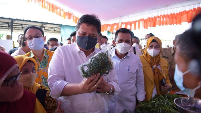 Menko Perekonomian, Airlangga Hartarto meninjau operasi pasar di Bintan, Provinsi Kepri dalam rangka menjaga stabilita sharga bahan pangan.