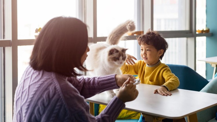 Ilustrasi ibu dan anak bermain dengan kucing Ilustrasi ibu dan anak bermain dengan kucing