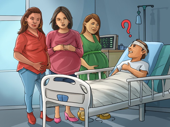 Laki-laki di gambar ini mengalami amnesia. Ia tidak bisa mengenali istrinya yang mana. Dari ketiga perempuan hamil tersebut, mana yang menunjukkan istrinya? (Foto: brightside.me)
