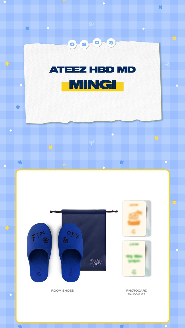 ATEEZ HBD MD milik Min Gi yang dirilis pada 9 Agustus punya barang yang unik, yaitu room shoes berwarna biru dengan tulisan ‘Fix On’. Selain itu, ada juga pouch dan satu photocard random./ Foto: twitter.com/ATEEZofficial