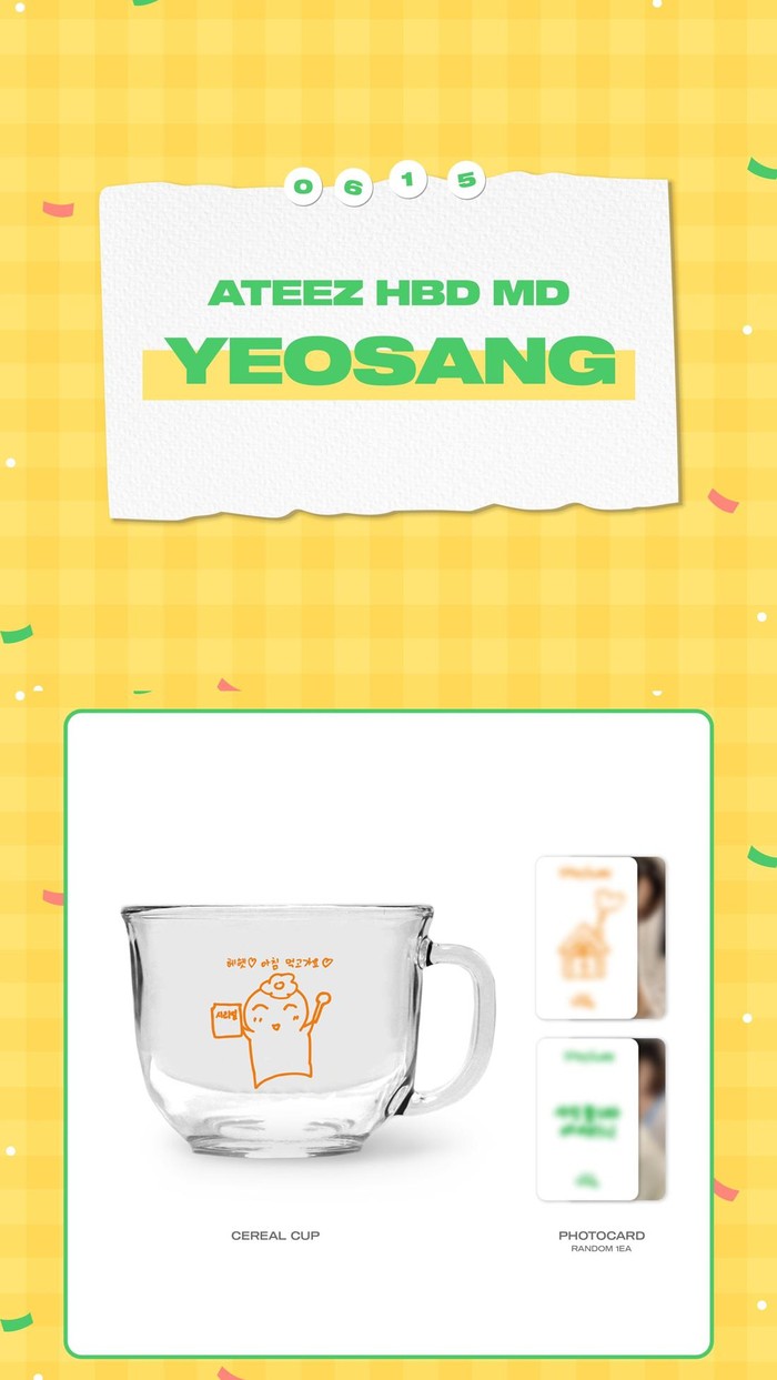 ATEEZ HBD MD yang pertama kali dirilis adalah milik Yeo Sang yang berulang tahun pada tanggal 15 Juni. Merchandise spesial milik Yeo Sang ini berisi cereal cup bergambar Hehetmon dan satu photocard random./ Foto: twitter.com/ATEEZofficial