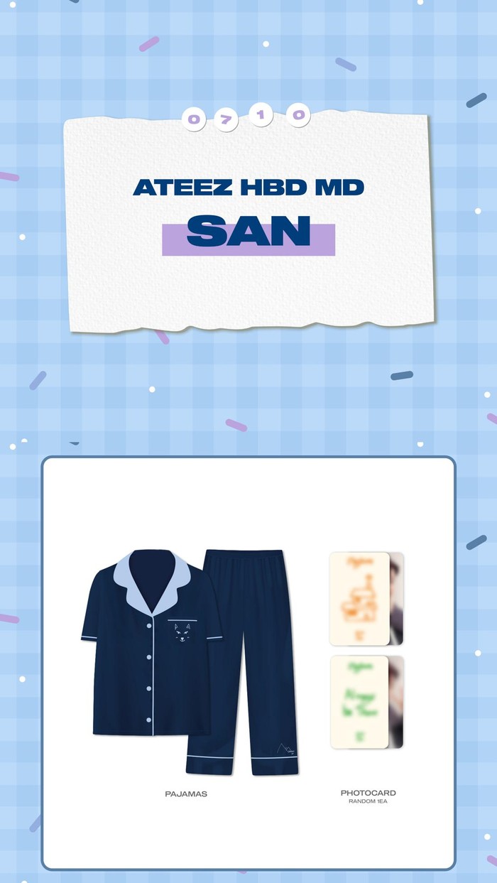 Berulang tahun pada 10 Juli, ATEEZ HBD MD milik San berisi satu set piyama berwarna biru dongker yang lucu dengan gambar kucing pada bagian saku serta satu photocard random./ Foto: twitter.com/ATEEZofficial