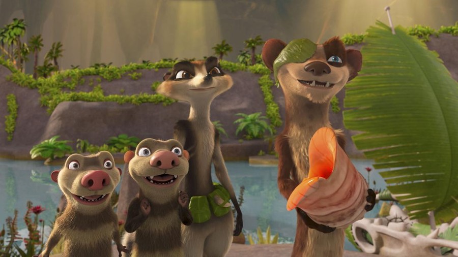 Crash (voiced by Vincent Tong), Eddie (voiced by Aaron Harris), Zee (voiced by Justina Machado), and Buck (voiced by Simon Pegg) in THE ICE AGE ADVENTURES OF BUCK WILD, exclusively on Disney+. Photo courtesy of Disney Enterprises, Inc. © 2022 Disney Enterprises, Inc. All Rights Reserved.