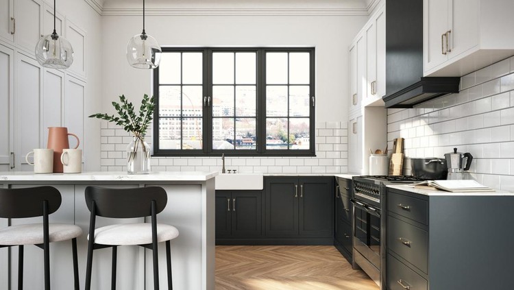 Interior design of elegant kitchen with black and white elements-  3d render