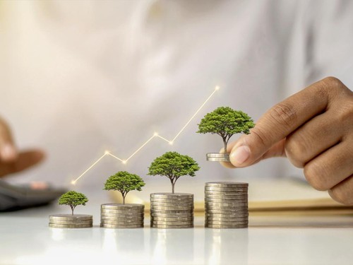 A businessman holding a coin with a tree that grows and a tree that grows on a pile of money. The idea of maximizing the profit from the business investment.