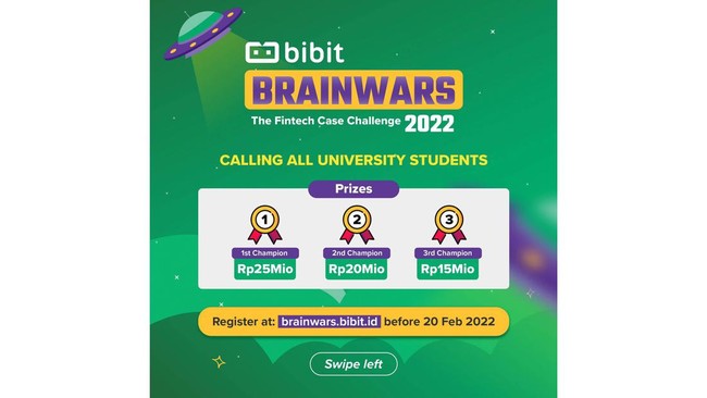 Bibit Brainwars 2022 mendukung ide dan potensi generasi muda membangun ekosistem keuangan digital Indonesia yang sehat, inovatif, dan bertanggung jawab.
