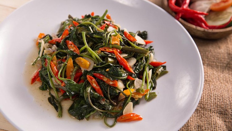 resep kangkung Stir fried water spinach or cah kangkung. asian indonesian food