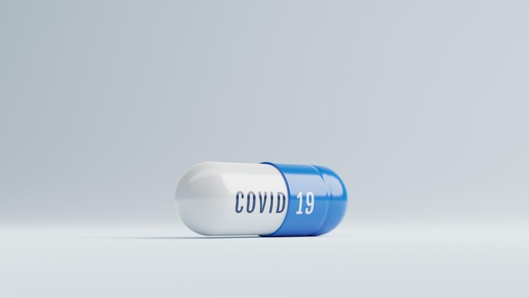 ilustrasi obat Covid-19 pharmacy in capsule for emergency use, Health care medical and outbreak of virus concept. 3d rendering.
