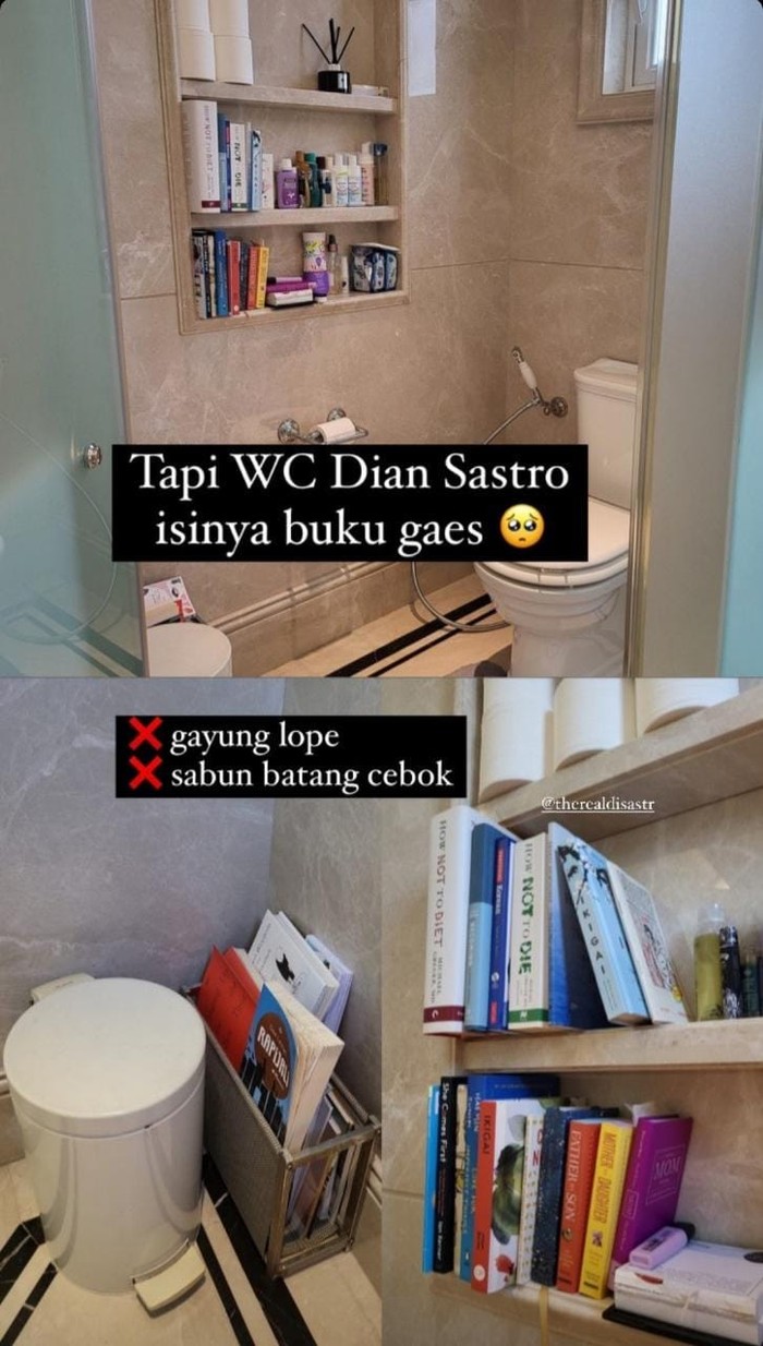 Potret WC Dian Sastro sempat ramai diperbincangkan netizen akhir-akhir ini. Bagaimana tidak, ia memiliki WC yang beda dari kebanyakan orang. Jika biasanya hanya dipenuhi dengan tisu, sabun, dan pewangi saja, di WC milik Dian ini sampai ada jajaran buku rapi lho! (Foto: Instagram.com/biasalahanakmuda)