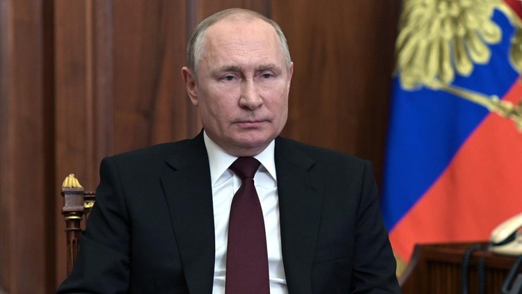 Russian President Vladimir Putin addresses the nation in the Kremlin in Moscow, Russia, Monday, Feb. 21, 2022. Russia's Putin has recognized the independence of separatist regions in eastern Ukraine, raising tensions with West. (Alexei Nikolsky, Sputnik, Kremlin Pool Photo via AP)
