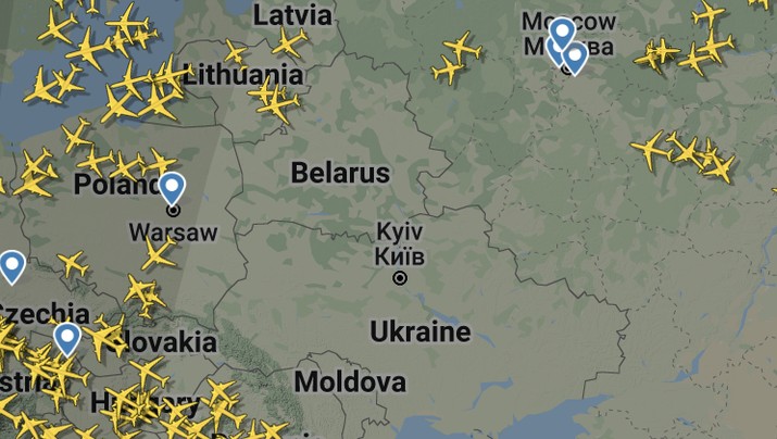 Maskapai batalkan penerbangan ke Ukraina. (Tangkapan layar flightradar24)