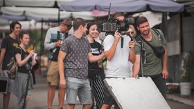Behind the scenes. Film crew team shooting movie.
