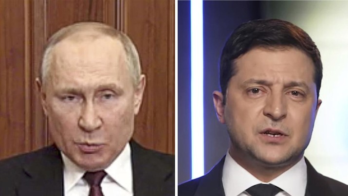 In these frames from Feb. 24, 2022, videos, Russian President Vladimir Putin, left, speaks in Moscow and Ukrainian President Volodymyr Zelenskyy speaks in Kyiv. (Russian Presidential Press Service and Ukrainian Presidential Press Office via AP)