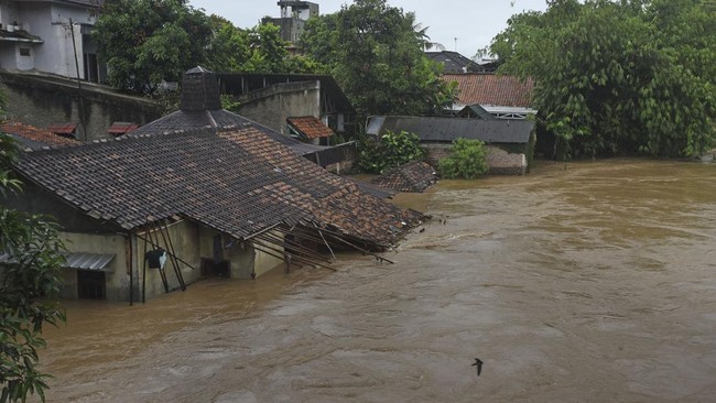 Puluhan warga terdampak banjir di Serang, Banten memilih untuk bertahan di atap rumah untuk menjaga rumah dan memantau ketinggian air banjir.