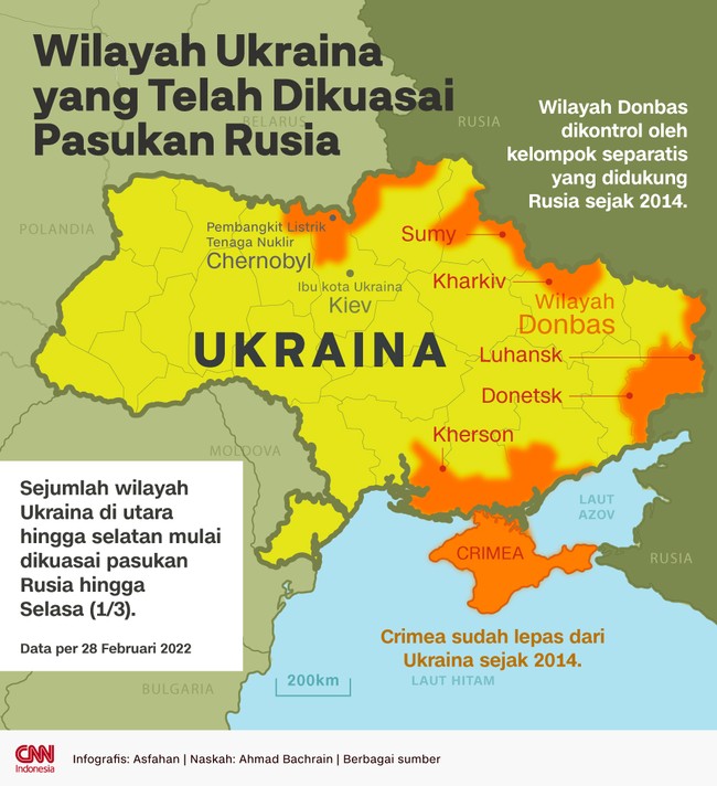 Sejumlah wilayah Ukraina di utara hingga selatan mulai dikuasai pasukan Rusia sampai Selasa (1/3).