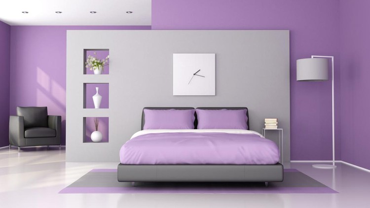 Purple and gray modern bedroom - 3d rendering