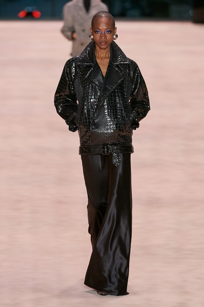 Biker jackets are another alternative to blazers and trench coats to complement a long dress.  As present in the game embossed croco texture.  Photo: Alessandro Lucioni/Go Runway/Vogue