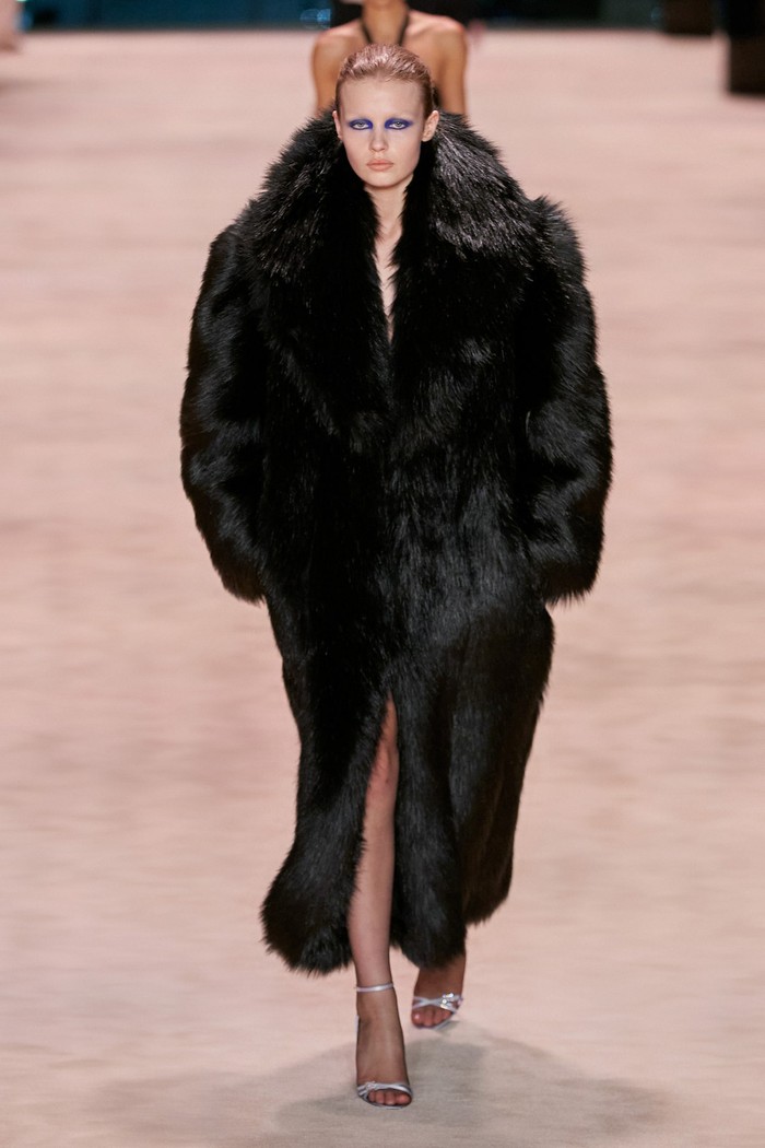 A faux fur coat or synthetic fur is the focal point in this collection. The silhouette even comes in oversized. Photo: Alessandro Lucioni/Go Runway/Vogue