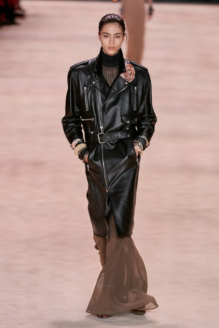 Not only as a jacket, Vaccarello even turned it into a long coat. Photo: Alessandro Lucioni/Go Runway/Vogue