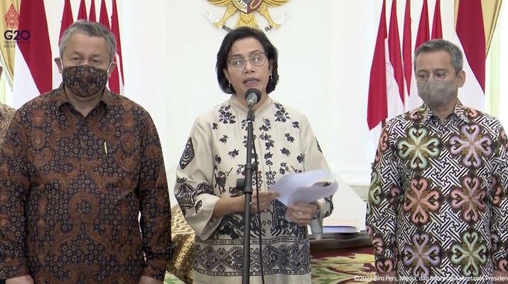 Menteri Keuangan Sri Mulyani Memberikan Keterangan Pers Panitia Seleksi Pemilihan Calon Anggota Dewan Komisioner OJK Periode 2022-2027, Istana Kepresidenan Bogor, 7 Maret 2022. (Tangkapan Layar Youtube Sekretariat Presiden)