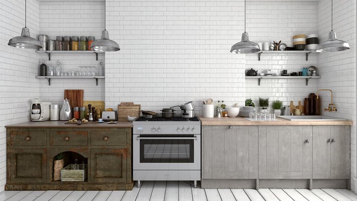 Empty classic kitchen with table, decoration and copy space. 3d rendered image.