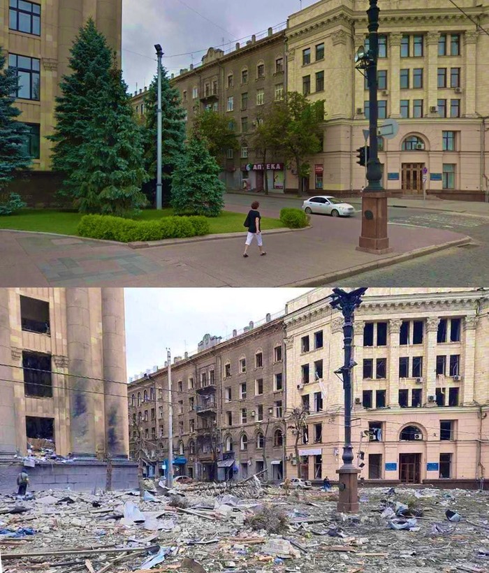 Tampak perbedaan mencolok pada Gedung City Council di Kharkiv, Ukraina antara sebelum dan sesudah dibombardir Rusia. / Foto: twitter.com/sjeeva26