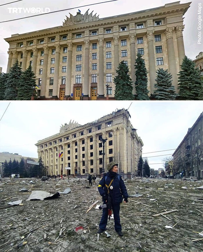 Ini adalah penampakan dari bangunan Kharkiv City Hall, Ukraina setelah invasi Rusia. / Foto: twitter.com/AlexandraMo8