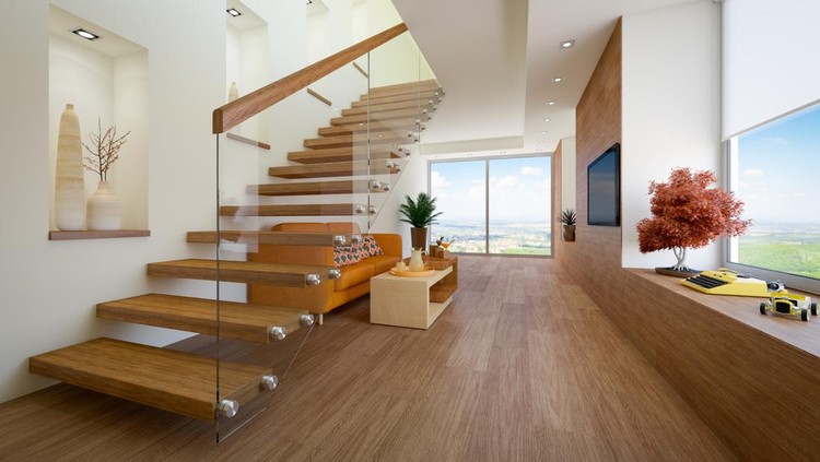 Digitally generated modern loft apartment with interior staircase.