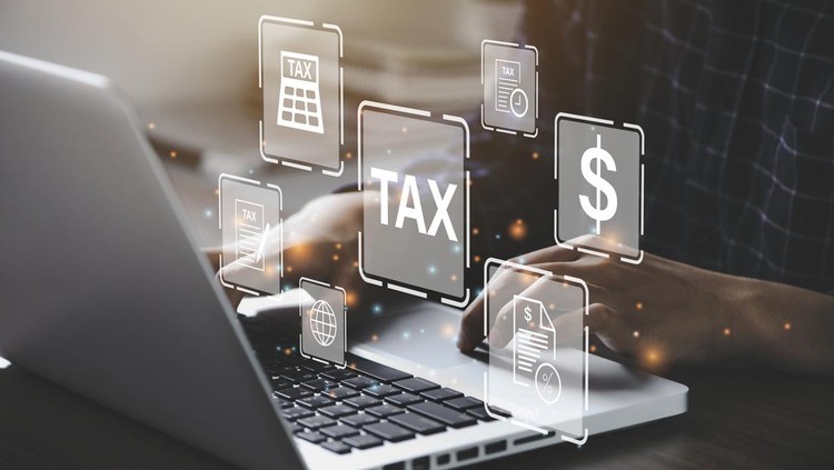 Ilustrasi Lapor SPT Tahunan Busines using a computer to complete Individual income tax return form online for tax payment. Government, state taxes. Data analysis, paperwork, financial research, report. Calculation tax return.