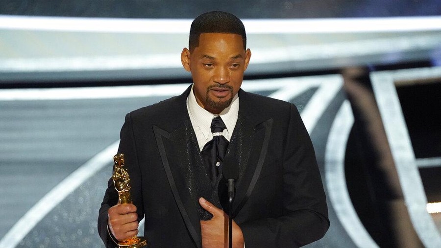 Will Smith cries as he accepts the award for best performance by an actor in a leading role for "King Richard" at the Oscars on Sunday, March 27, 2022, at the Dolby Theatre in Los Angeles. (AP Photo/Chris Pizzello)