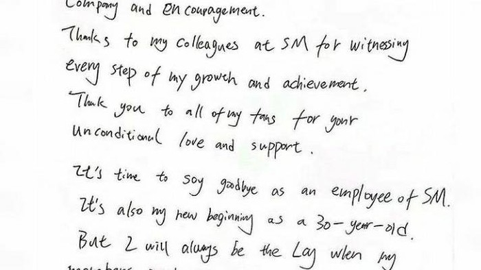 Surat tulisan tangan Lay EXO/ Foto: Instagram.com/layzhang