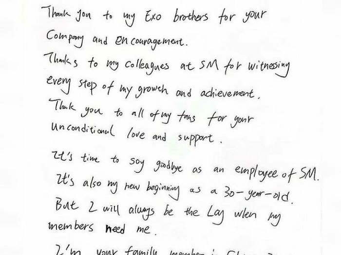 Surat tulisan tangan Lay EXO/ Foto: Instagram.com/layzhang