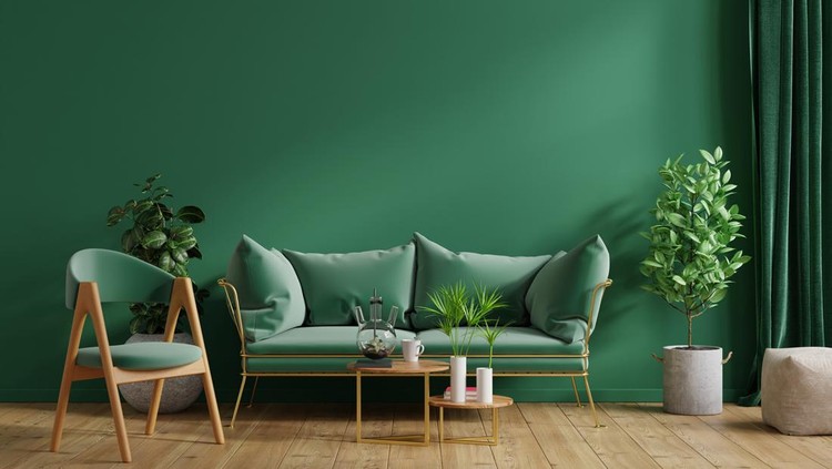 Interior mockup green wall with green sofa and green armchair in living room,3D rendering