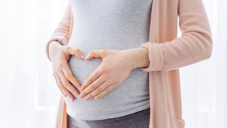 ilustrasi kehamilan Pregnant young woman holding hand in shape of heart on her belly