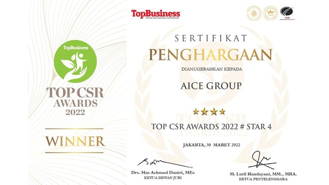 Melalui beragam program kemanusiaan yang dijalankan AICE Group berhasil mendapatkan penghargaan dalam ajang TOP CSR Awards selama 2 tahun berturut-turut.