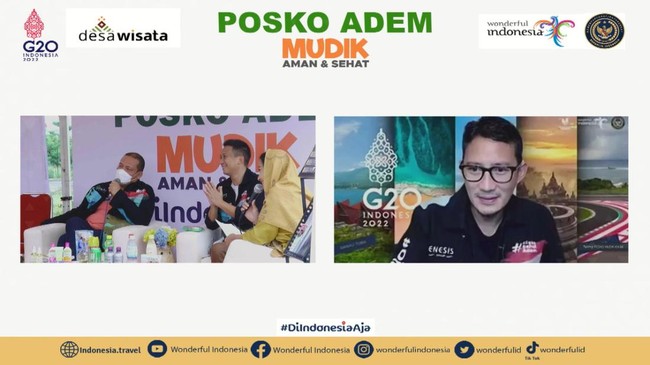 Menparekraf Sandiaga Uno meninjau Posko Adem Mudik Aman & Sehat bersama Enesis Gorup di Solo dan Bandung secara virtual.