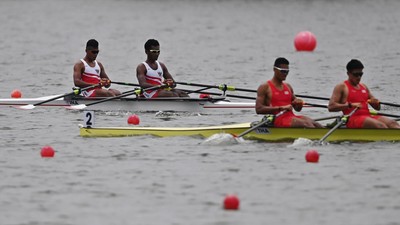 Duet atlet dayung Indonesia Ihram/Memo sukses merebut medali perunggu pada cabor rowing di nomor men's double sculls pada Asian Games 2023, Minggu (24/9).