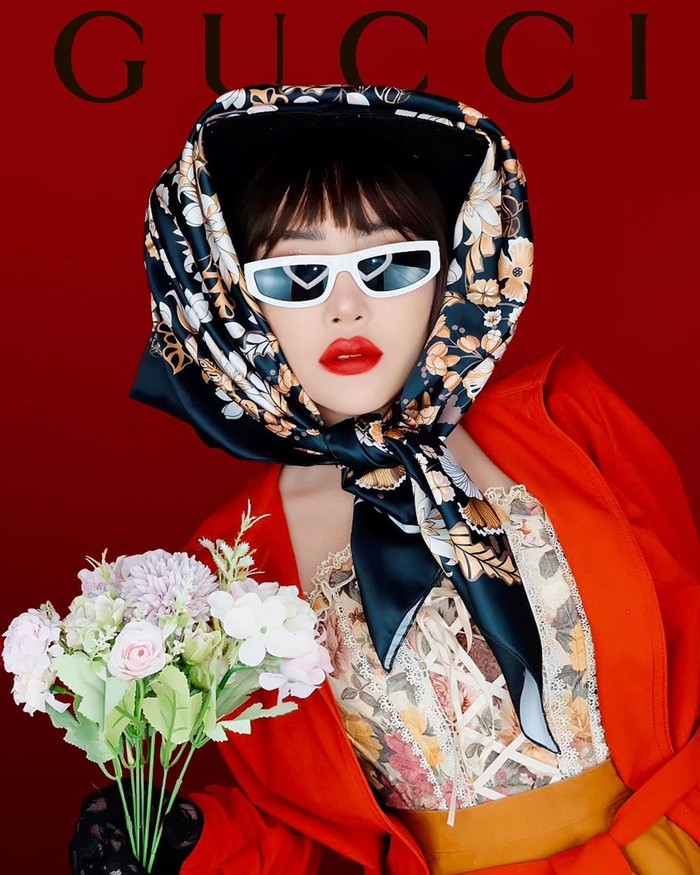 Beautyvlogger Janine Intansari menampilkan gaya vintage yang bold kala mengikuti Gucci Challenge.. Source: ig/jeaninintansari
