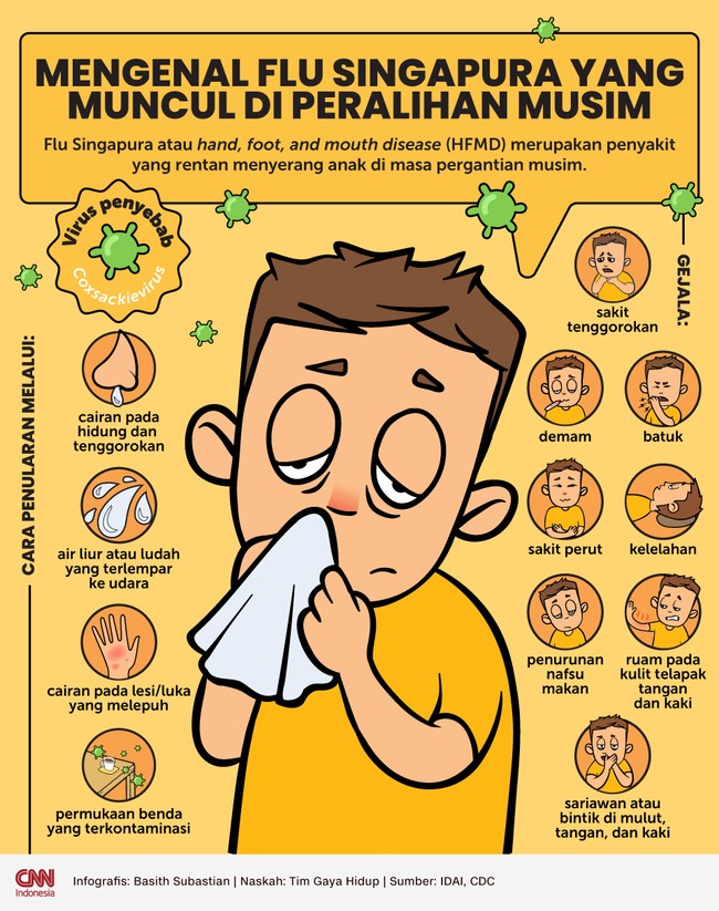 Flu Singapura atau hand, foot, and mouth disease (HFMD) merupakan penyakit yang rentan menyerang anak di masa pergantian musim.