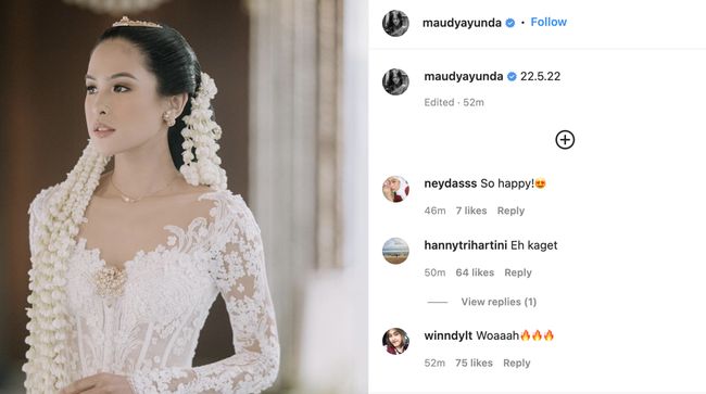Gaun pengantin yang dipakai Maudy Ayunda dengan pria yang disebut-sebut bernama Jesse Choi ini dibuat oleh desainer Indonesia, Eddy Betty.