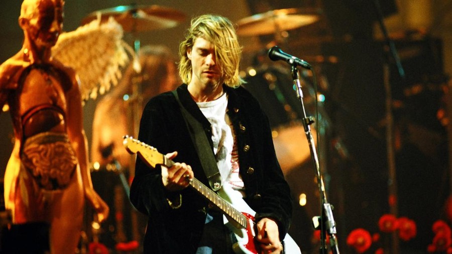 Kurt Cobain of Nirvana during MTV Live and Loud: Nirvana Performs Live - December 1993 at Pier 28 in Seattle, Washington, United States. (Photo by Jeff Kravitz/FilmMagic, Inc)