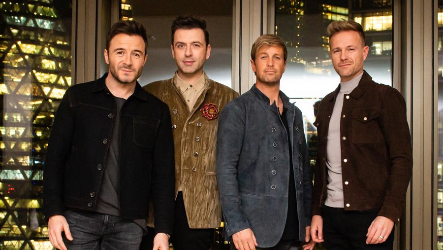 LONDON, ENGLAND - NOVEMBER 05: Westlife (L-R) Shane Filan, Mark Feehily, Kian Egan and Nicky Bryne attend an intimate evening with Westlife, hosted by Vernon Kay, at the Pan Pacific London   on November 05, 2021 in London, England. (Photo by Samir Hussein/WireImage)