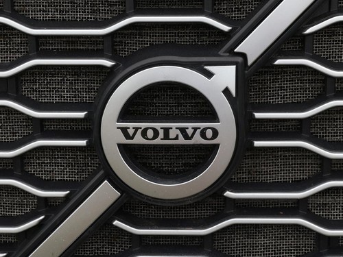 The Volvo logo is seen in truck for sale in Linden, New Jersey, U.S., May 23, 2022. REUTERS/Andrew Kelly