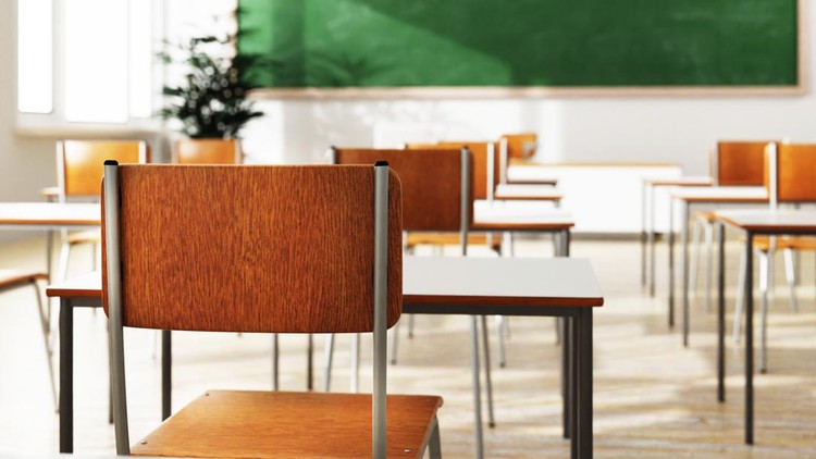 ilustrasi sekolah Closeup student chair back seat and desk in classroom background with on wooden floor. Education and Back to school concept. Architecture interior. Social distancing theme. 3D illustration rendering