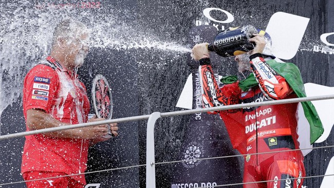 Pembalap Ducati, Pecco Bagnaia mengingat pelajaran dari Valentino Rossi usai memenangkan MotoGP Italia, Minggu (29/5).