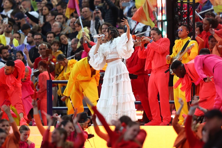 PARIS, FRANCE - MAY 28: Camila Cabello performs in the pre-match show prior to the UEFA Champions League final match between Liverpool FC and Real Madrid at Stade de France on May 28, 2022 in Paris, France. (Photo by Catherine Ivill/Getty Images)
