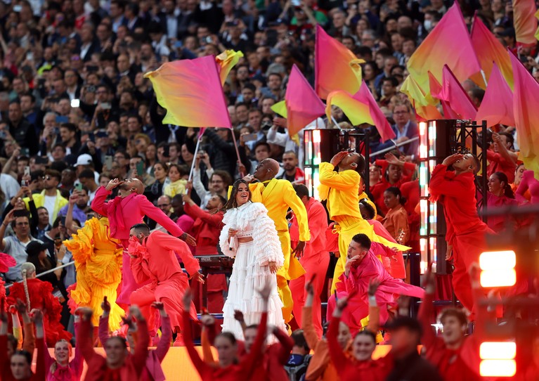 Camila Cabello PARIS, FRANCE - MAY 28: Camila Cabello performs in the pre-match show prior to the UEFA Champions League final match between Liverpool FC and Real Madrid at Stade de France on May 28, 2022 in Paris, France. (Photo by Catherine Ivill/Getty Images)